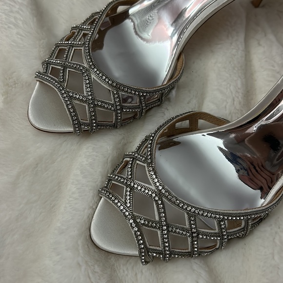 BADGLEY MISCHKA Rain Crystal Adorned Satin Stiletto Heel - Soft White - Picture 1 of 9